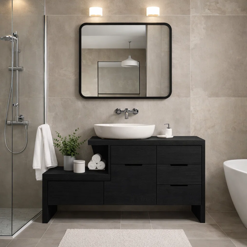 Modern Solid Wood Bathroom Vanity Cabinet with Drawers & Open Shelf Storage