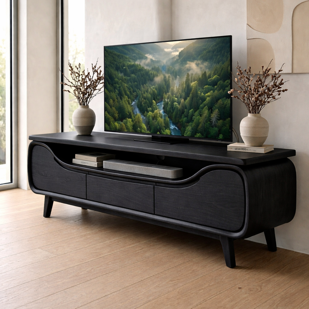 Curved Solid Wood Media Console – Modern TV Stand with Organic Design