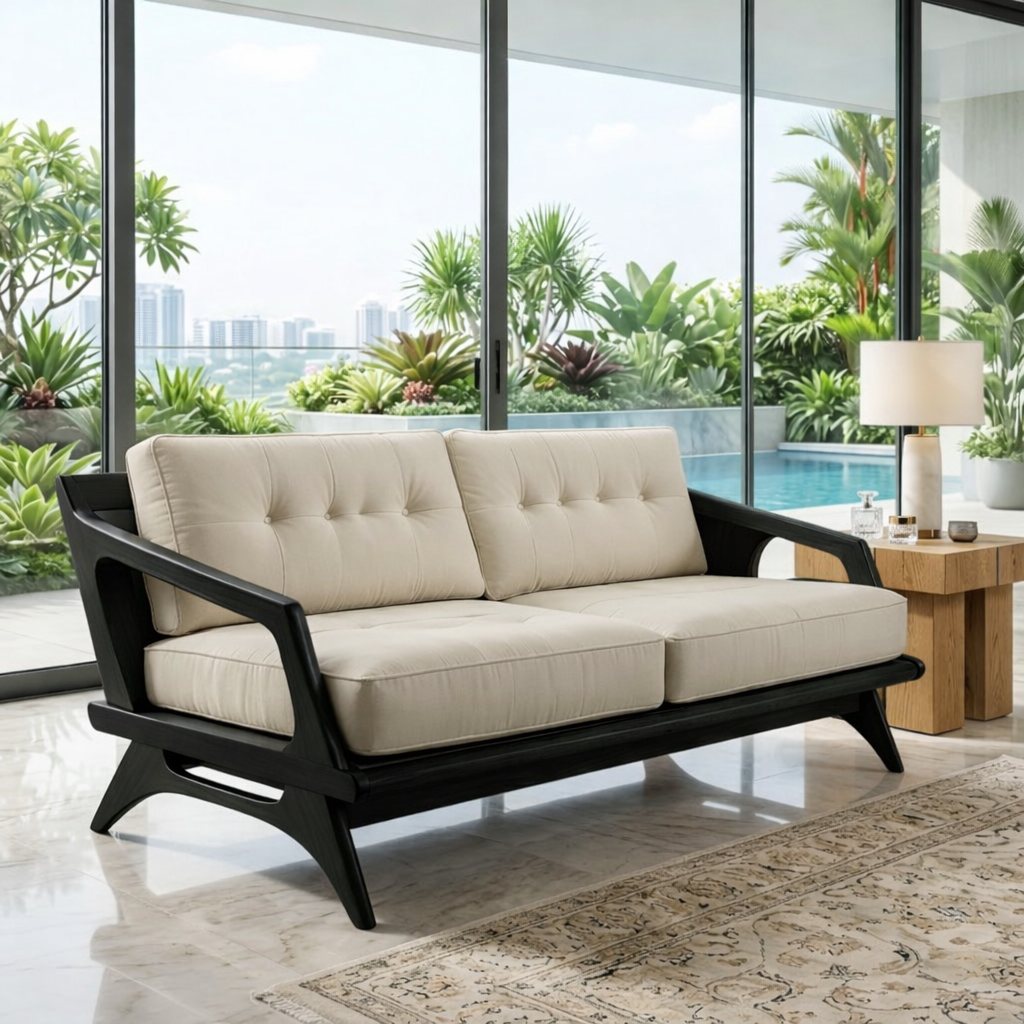 Mid Century Solid Wood Sofa with Beige Tufted Cushions Modern Loveseat Couch