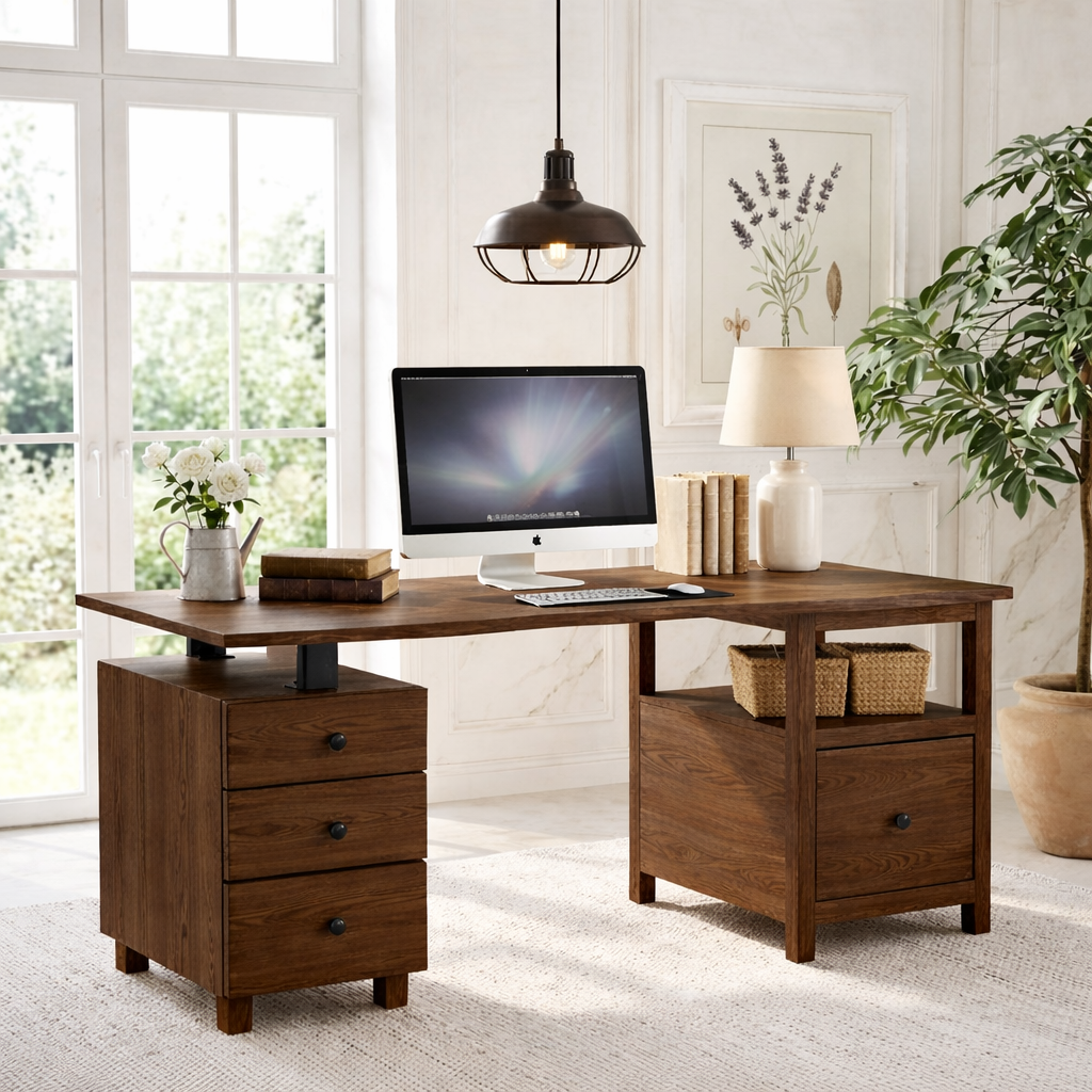 Modern Desk with Storage Drawers and Open Shelf Home Office Desk