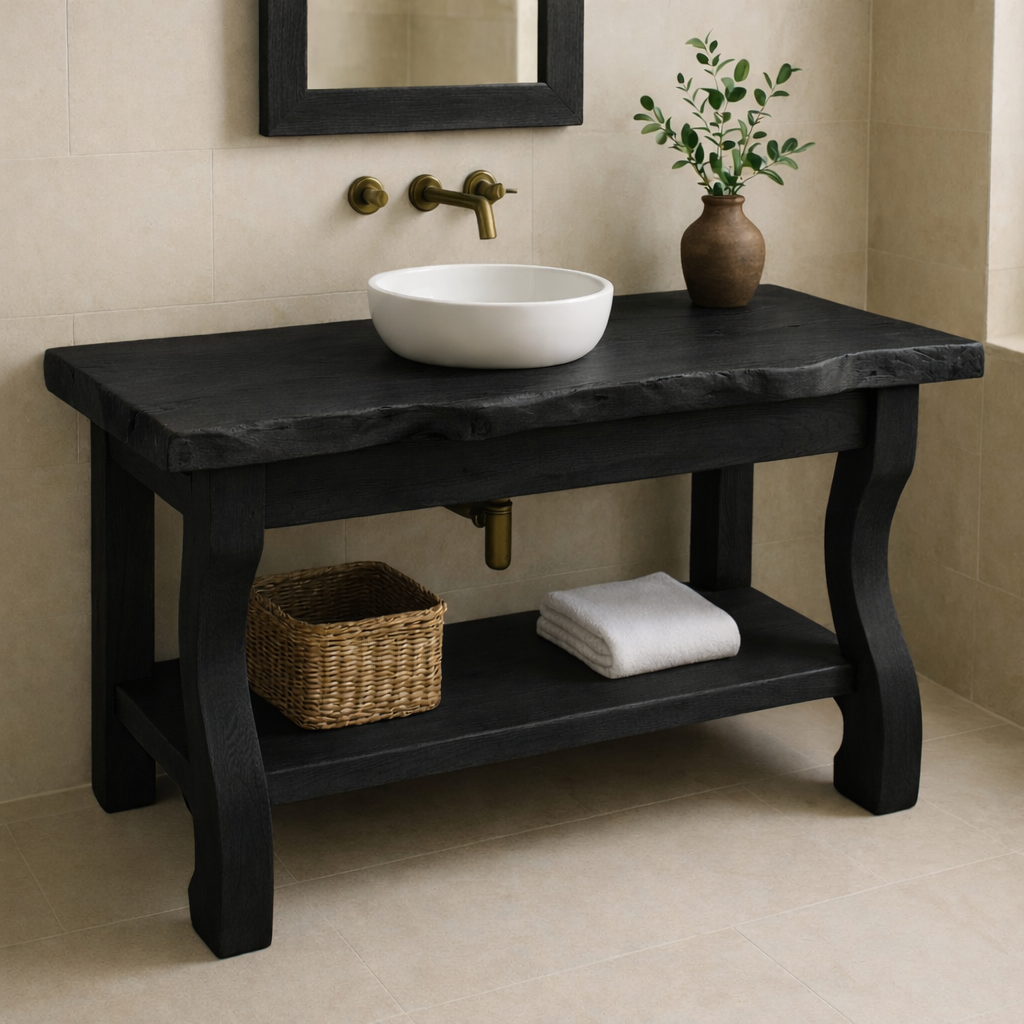 Solid Oak Floating Bathroom Vanity with Round Sink and Brass Fixtures