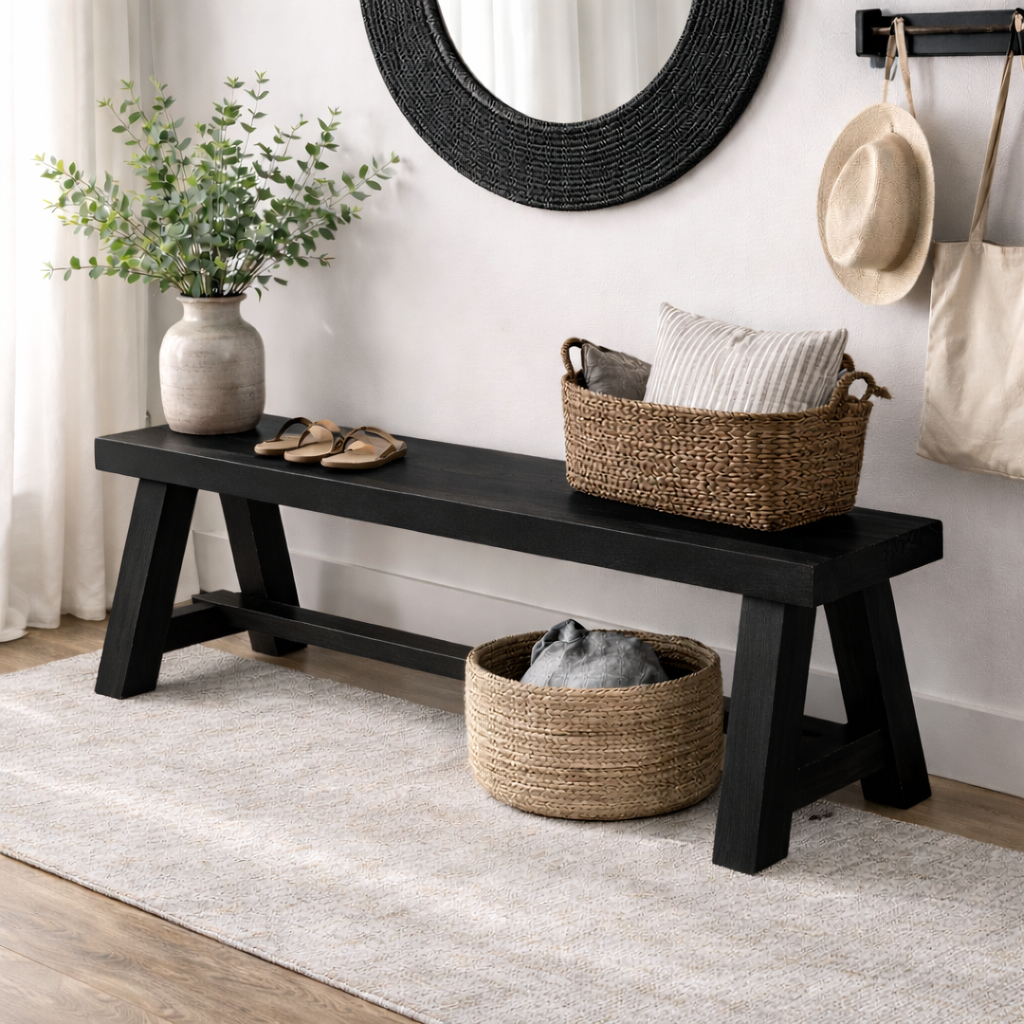 Rustic Solid Wood Entryway Bench with Storage | Modern Hallway Seating