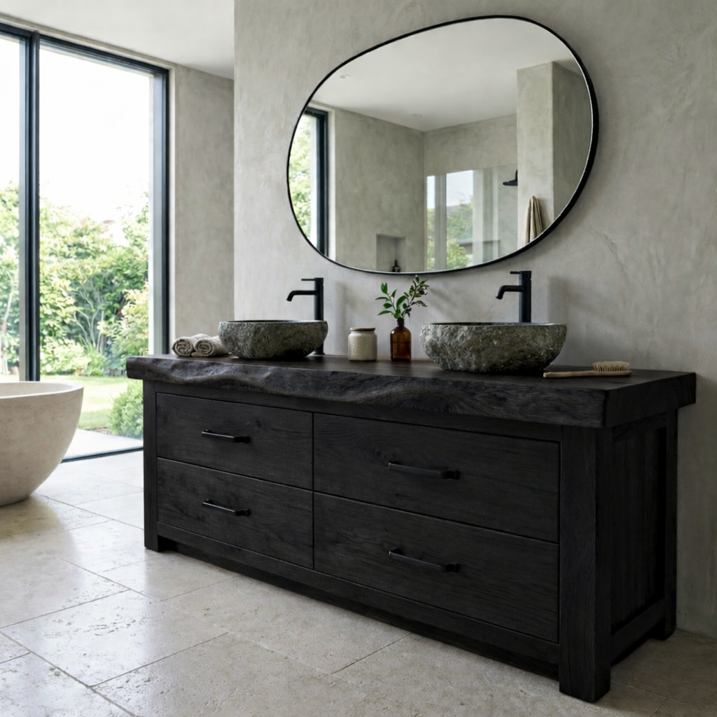 Rustic Solid Wood Bathroom Vanity Double Sink Base Live Edge Top Drawer Storage