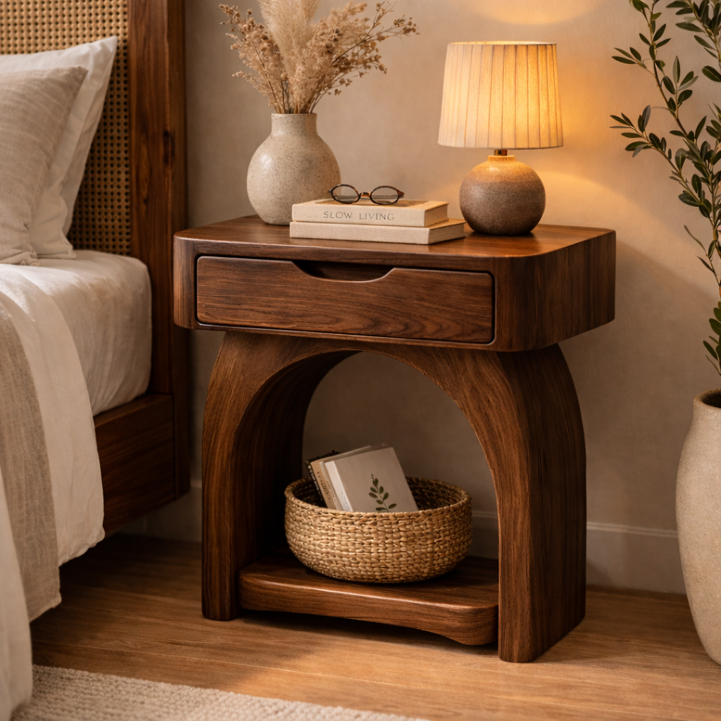 Solid Wood Nightstand with Drawer and Shelf – Modern Bedside Table for Bedroom