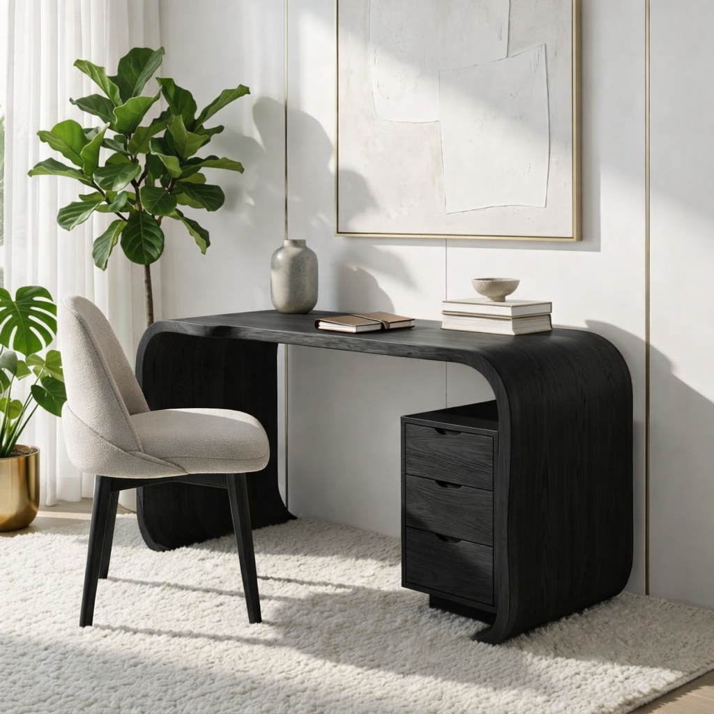 Curved Writing Desk with Drawer Storage Modern Home Office Table Minimal Workstation