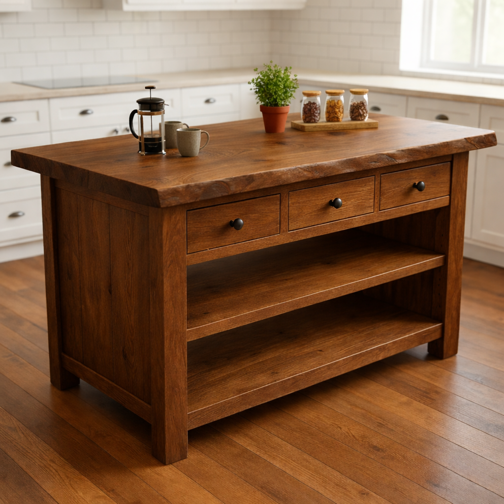Rustic Farmhouse Kitchen Island: Solid Wood Prep Station with 3 Drawers