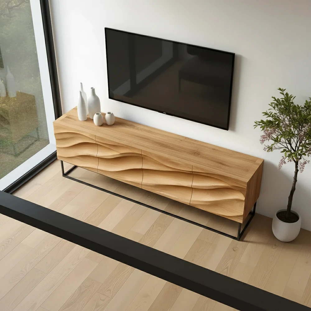 Solid Wood TV Stand Modern Oak Media Console with Wave Carved Storage Cabinet