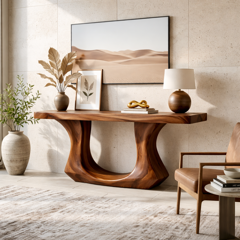 Solid Wood Console Table with Sculptural Curved Base, Modern Art Design