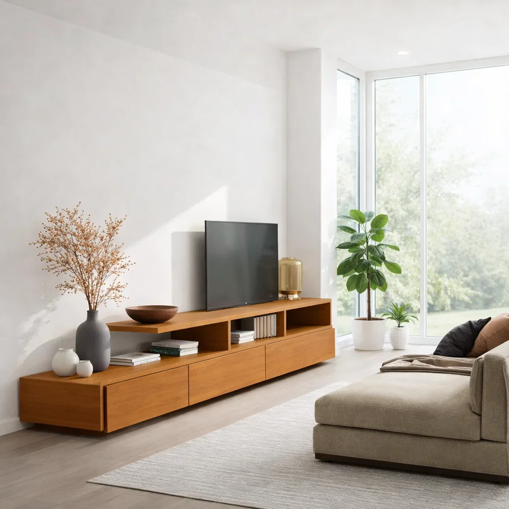 Solid Wood Media Console with Open Shelf & Cabinet Storage, Modern TV Stand
