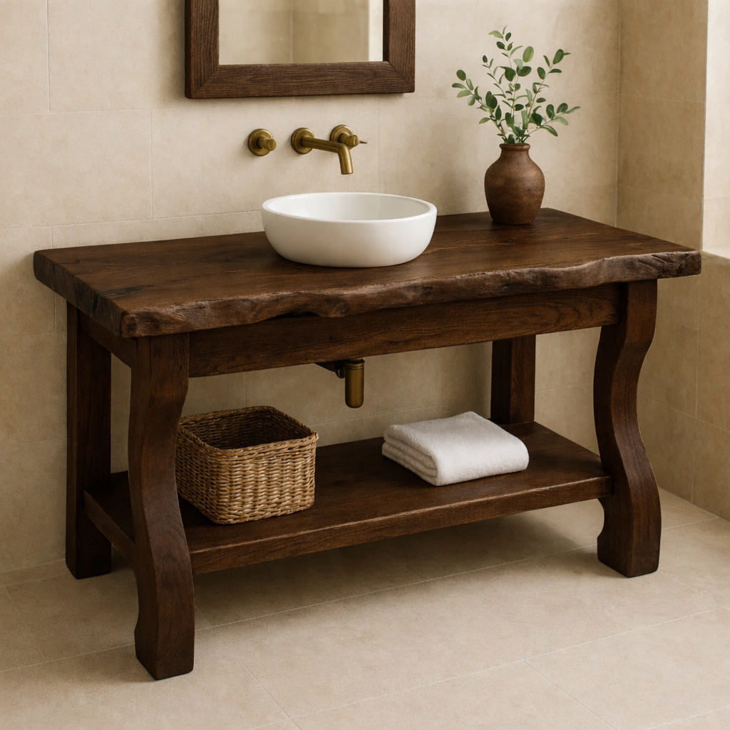 Solid Oak Floating Bathroom Vanity with Round Sink and Brass Fixtures
