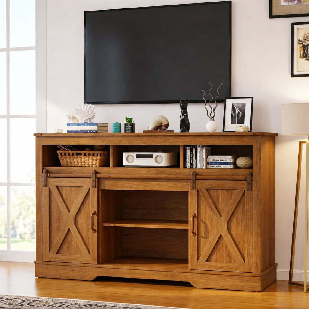 Farmhouse Solid Wood TV Stand Sliding Barn Door Media Console with Open Storage
