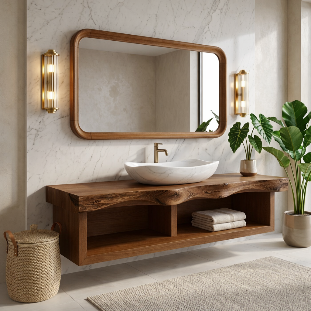 Floating Vanity with Natural Walnut Wood, Unique Curve Design and Open Shelf