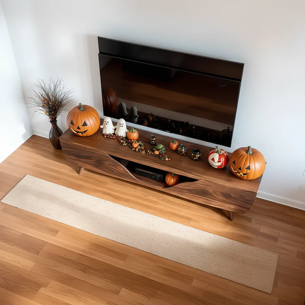 Solid Wood TV Stand Modern Walnut Media Console with Curved Front and Storage