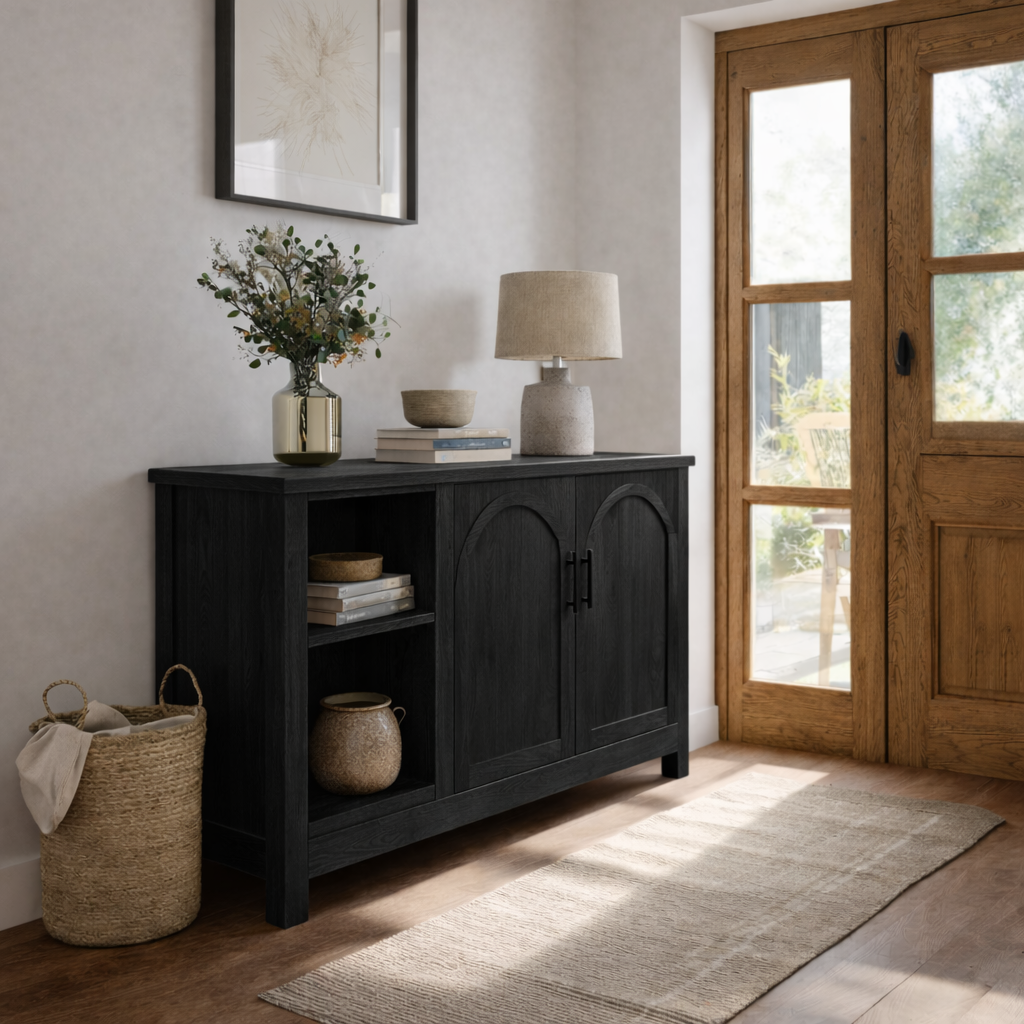 Solid Wood Console Table with Doors and Shelves – Rustic Entryway Storage Cabinet