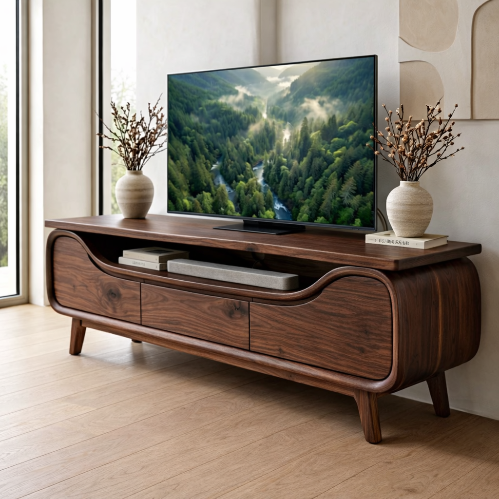 Curved Solid Wood Media Console – Modern TV Stand with Organic Design