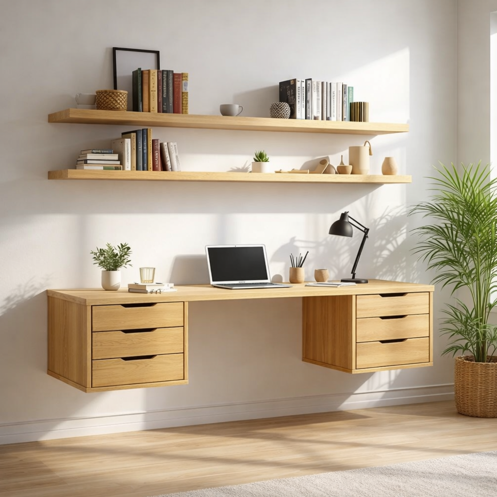 Floating Double Drawer Desk with Shelves – Light Oak Minimal Workspace