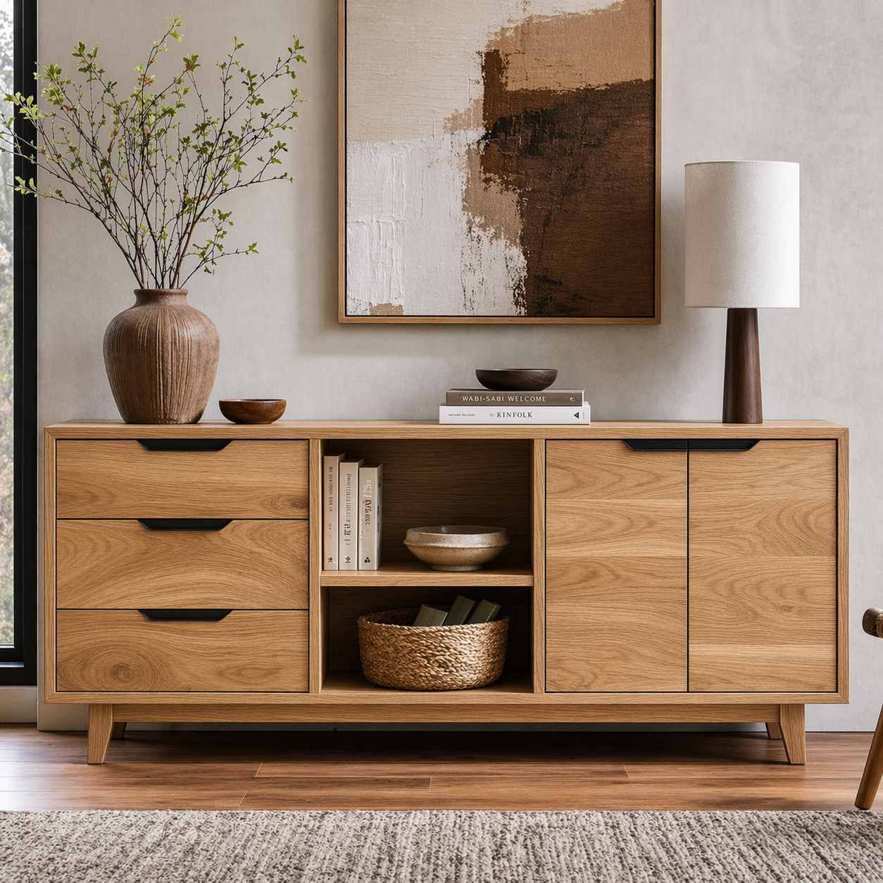 Modern Solid Wood Sideboard Cabinet with Drawers, Doors & Open Shelf Storage