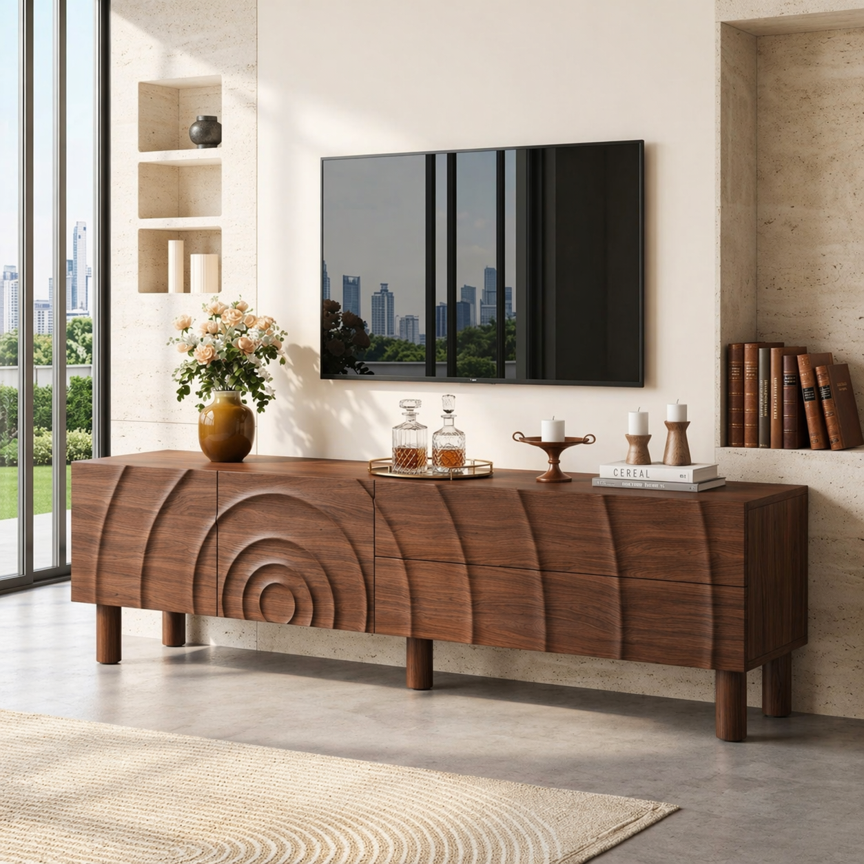 Modern Carved TV Console, Sculptural Entertainment Cabinet for Elegant Interiors