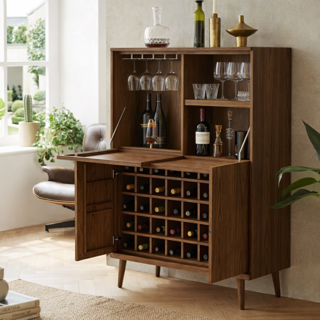 Modern Wine Bar Cabinet with Fold Down Shelves and Large Bottle Storage