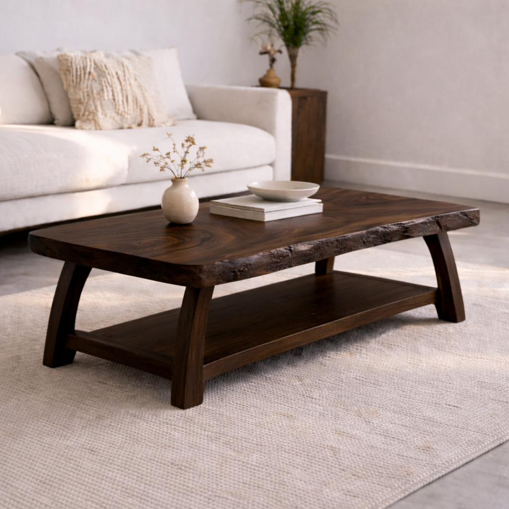 Live Edge Solid Wood Coffee Table with Storage Shelf – Rustic Modern Living Room Table