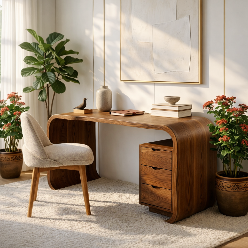 Curved Writing Desk with Drawer Storage Modern Home Office Table Minimal Workstation
