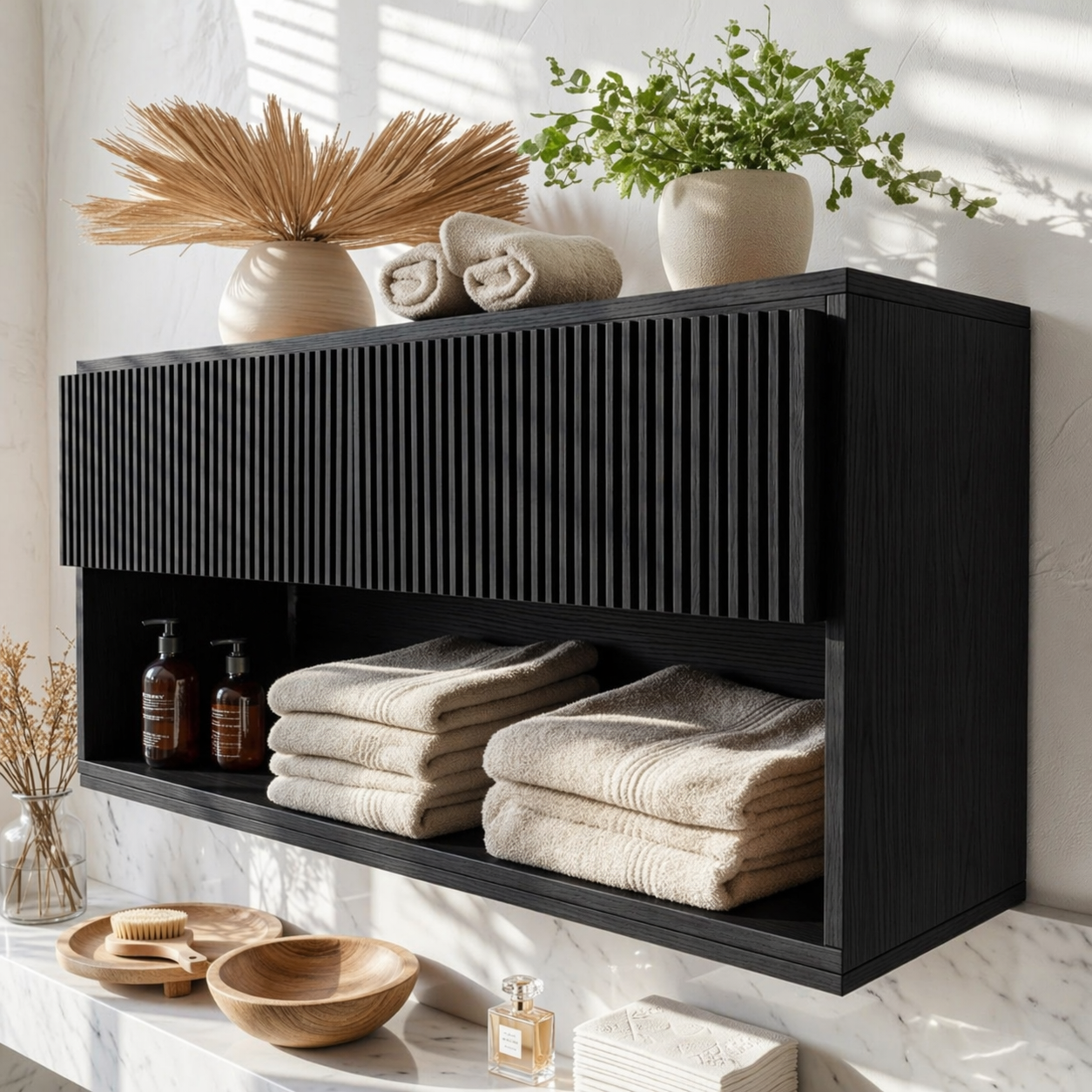 Floating Bathroom Cabinet, Modern Slatted Wall Mounted Vanity Storage Shelf Organizer