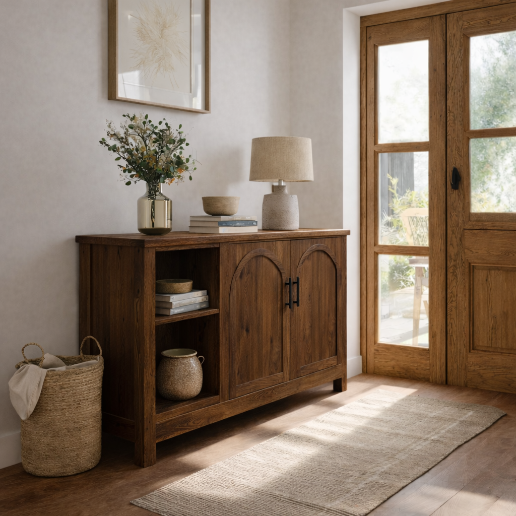 Solid Wood Console Table with Doors and Shelves – Rustic Entryway Storage Cabinet