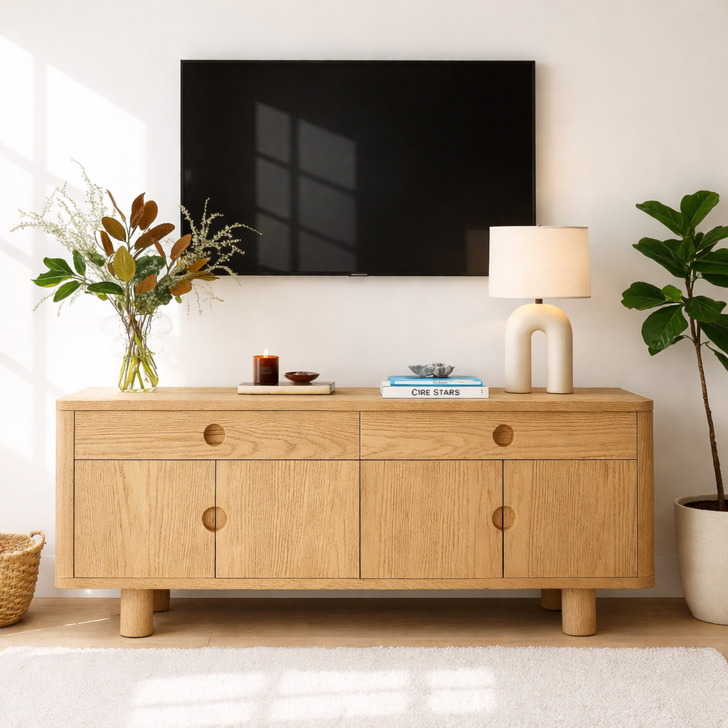 Minimalist Wood TV Stand With Cabinet Doors Long Media Console Modern Entertainment Center