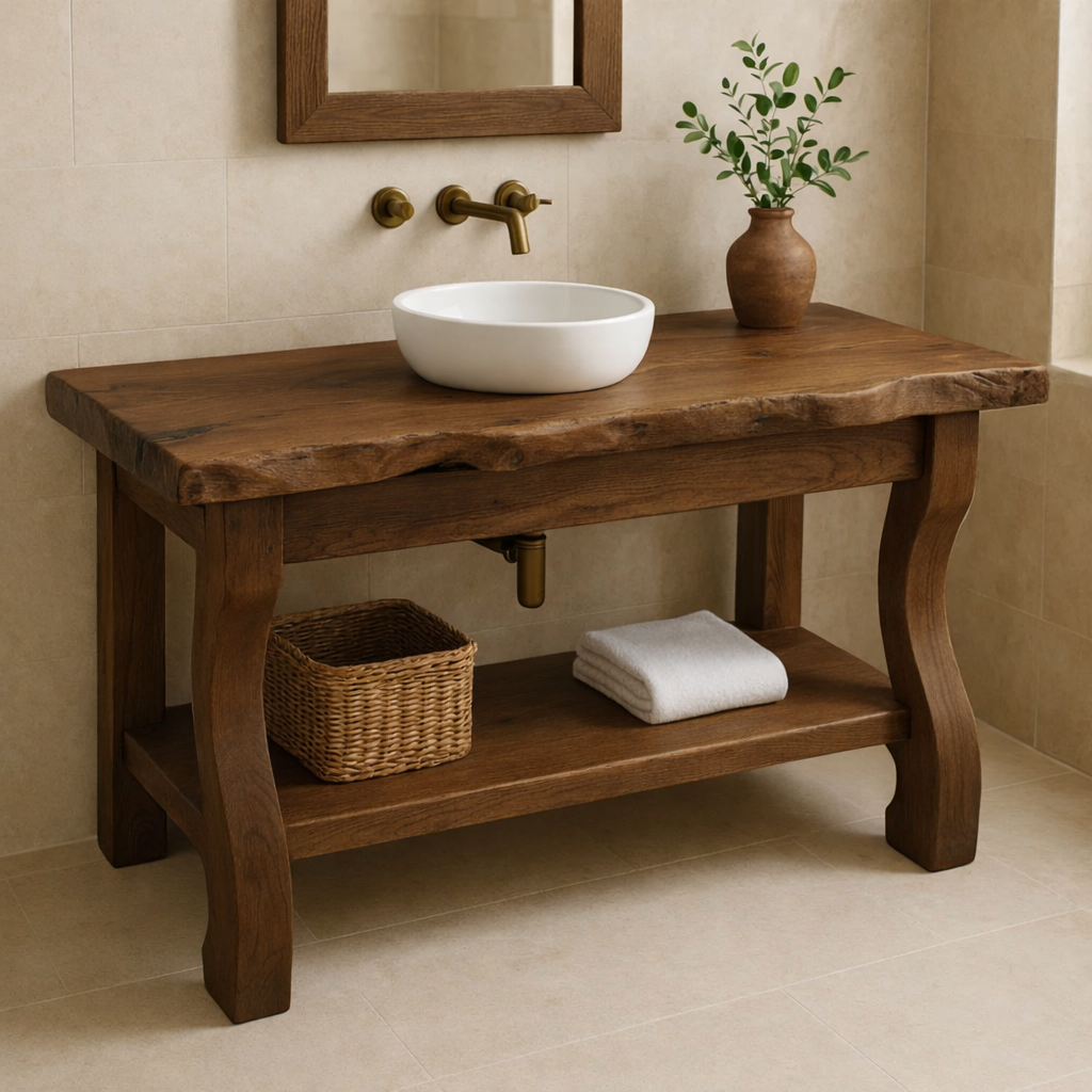 Solid Oak Floating Bathroom Vanity with Round Sink and Brass Fixtures