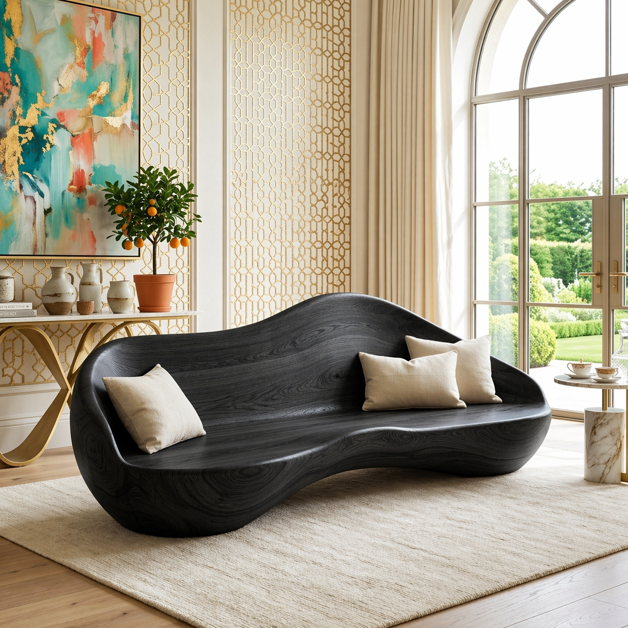 Sculptural Curved Wooden Sofa, Luxury Statement Seating for Refined Modern Interiors