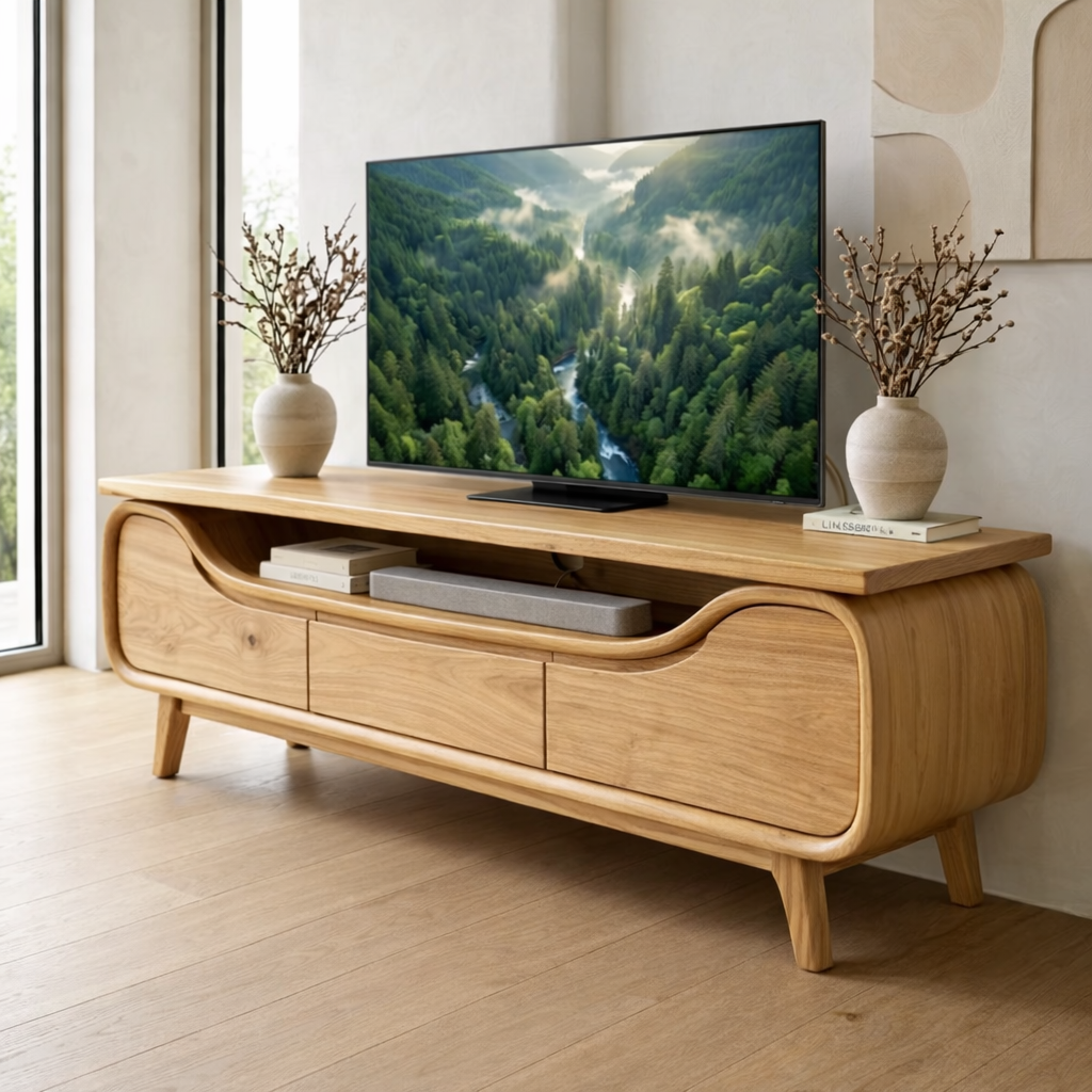 Curved Solid Wood Media Console – Modern TV Stand with Organic Design