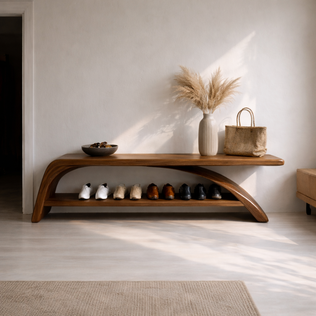 Solid Wood Entryway Bench with Shoe Storage Shelf – Modern Wooden Shoe Rack Bench