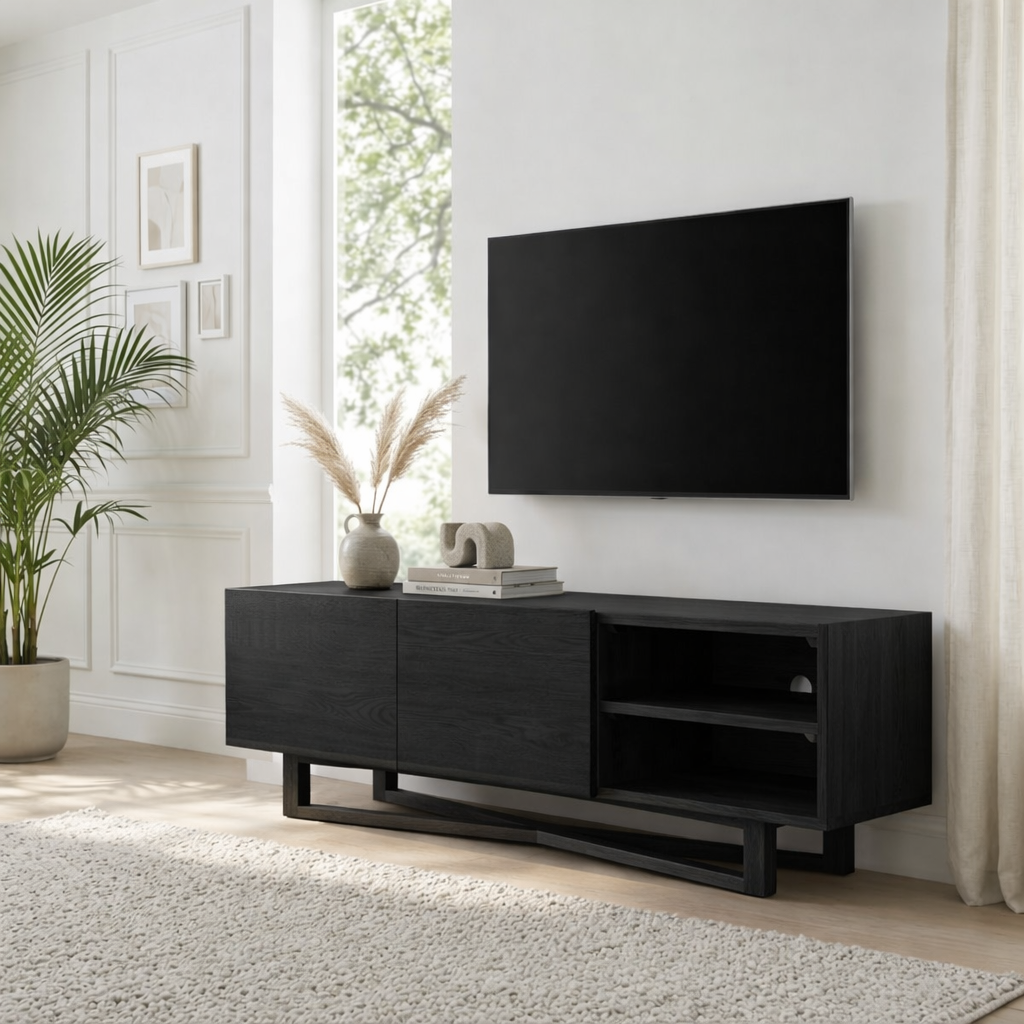 Solid Wood TV Stand with Shelves, Minimalist Entertainment Media Console Cabinet