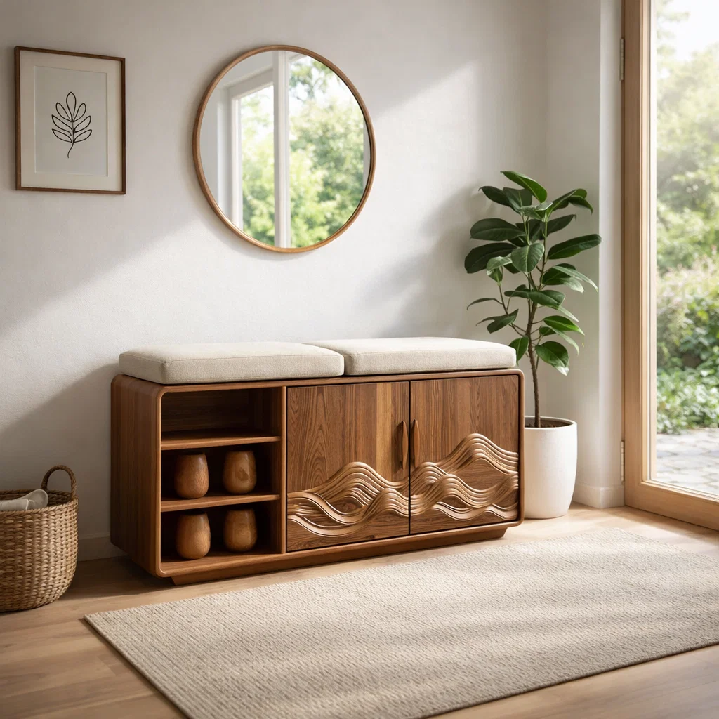 Solid Wood Shoe Bench with Cushion & Cabinet – Entryway Storage with Shelves