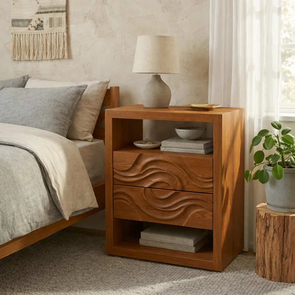 Solid Nightstand with Carved Drawer – Modern Table with Storage