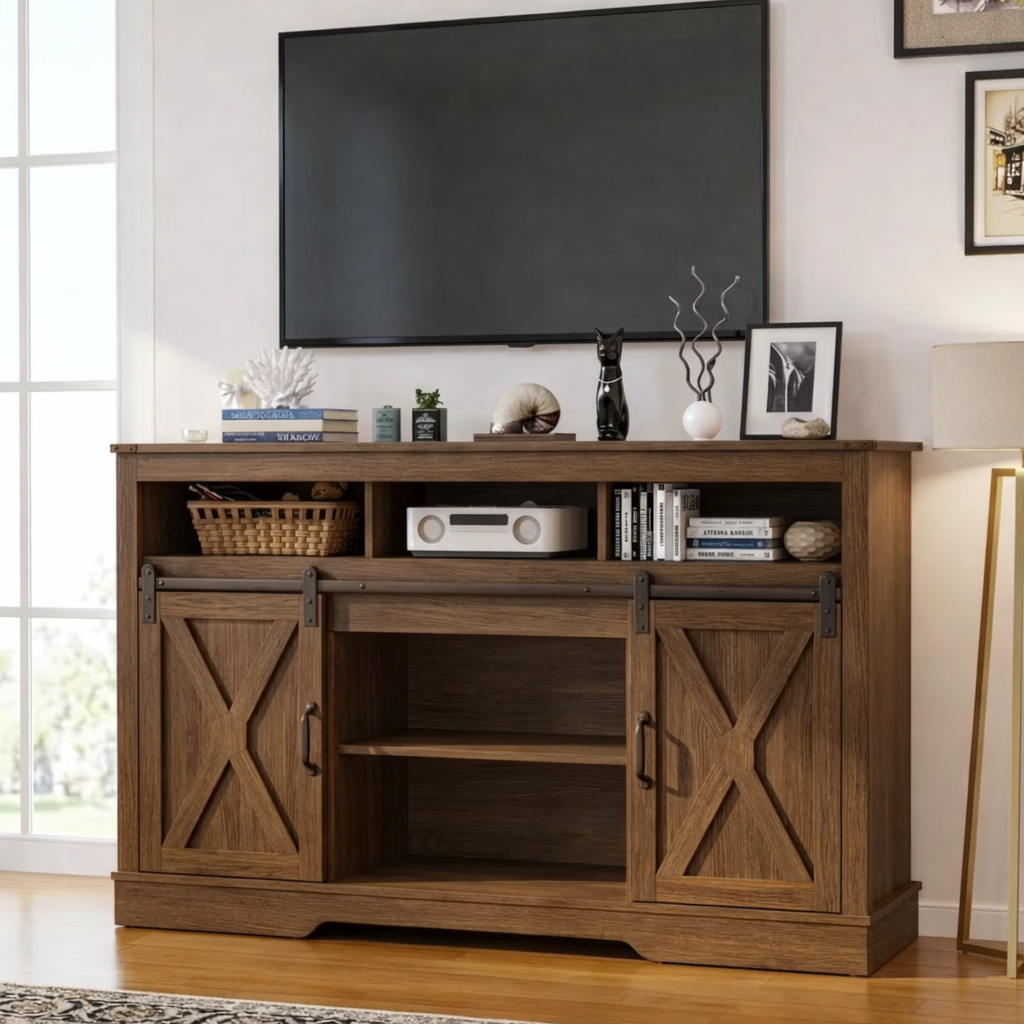 Farmhouse Solid Wood TV Stand Sliding Barn Door Media Console with Open Storage