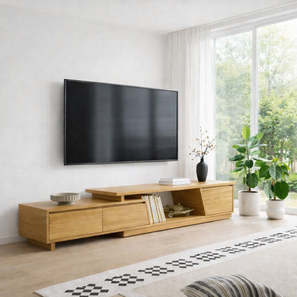 Modern Solid Wood TV Console with Low Profile & Open Storage