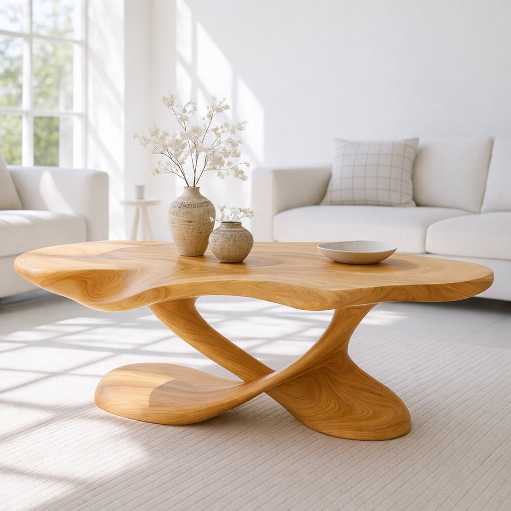 Modern Solid Wood Coffee Table with Sculptural Curved Base for Living Room