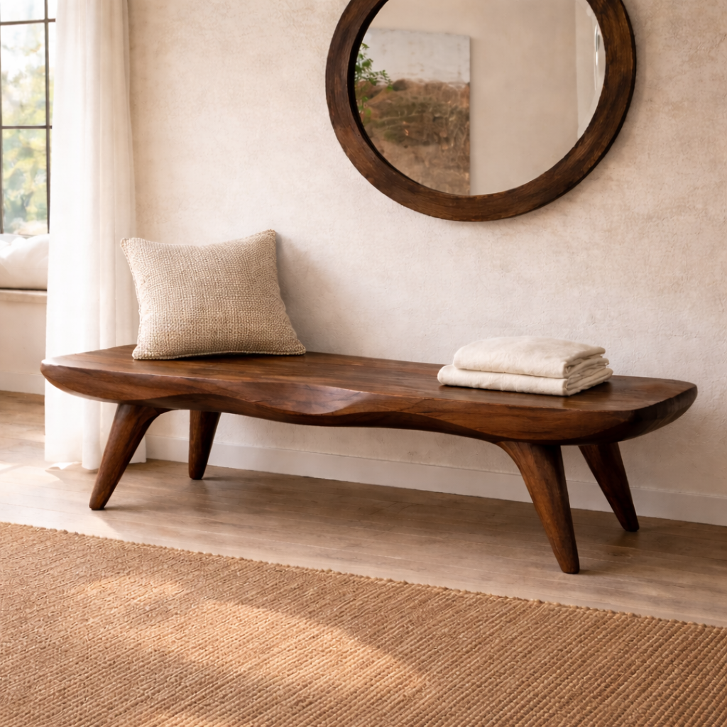 Live Edge Solid Wood Bench, Sculpted Rustic Entryway Hallway Seating