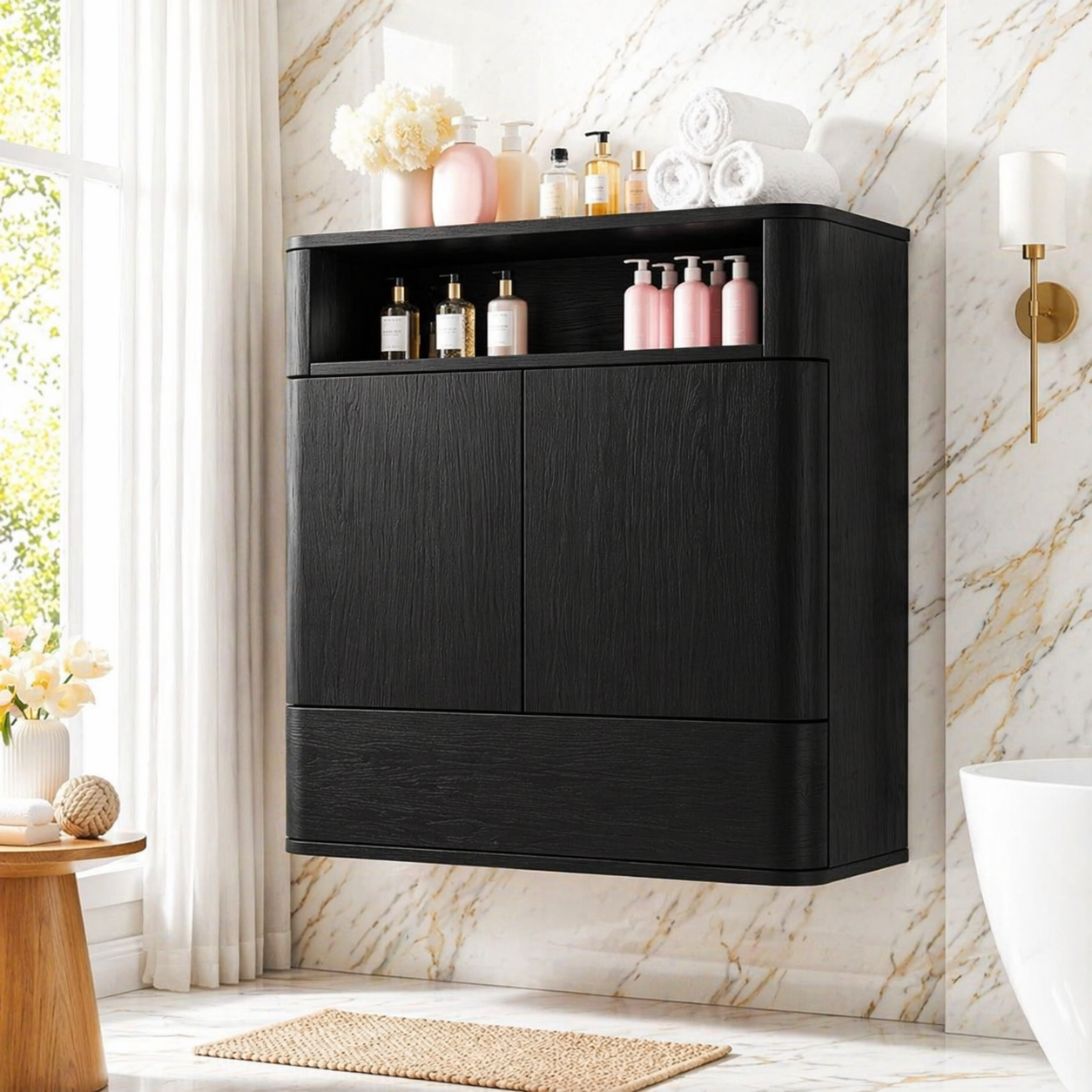 Floating Bathroom Cabinet, Modern Wall Mounted Vanity Storage Organizer Shelf Unit