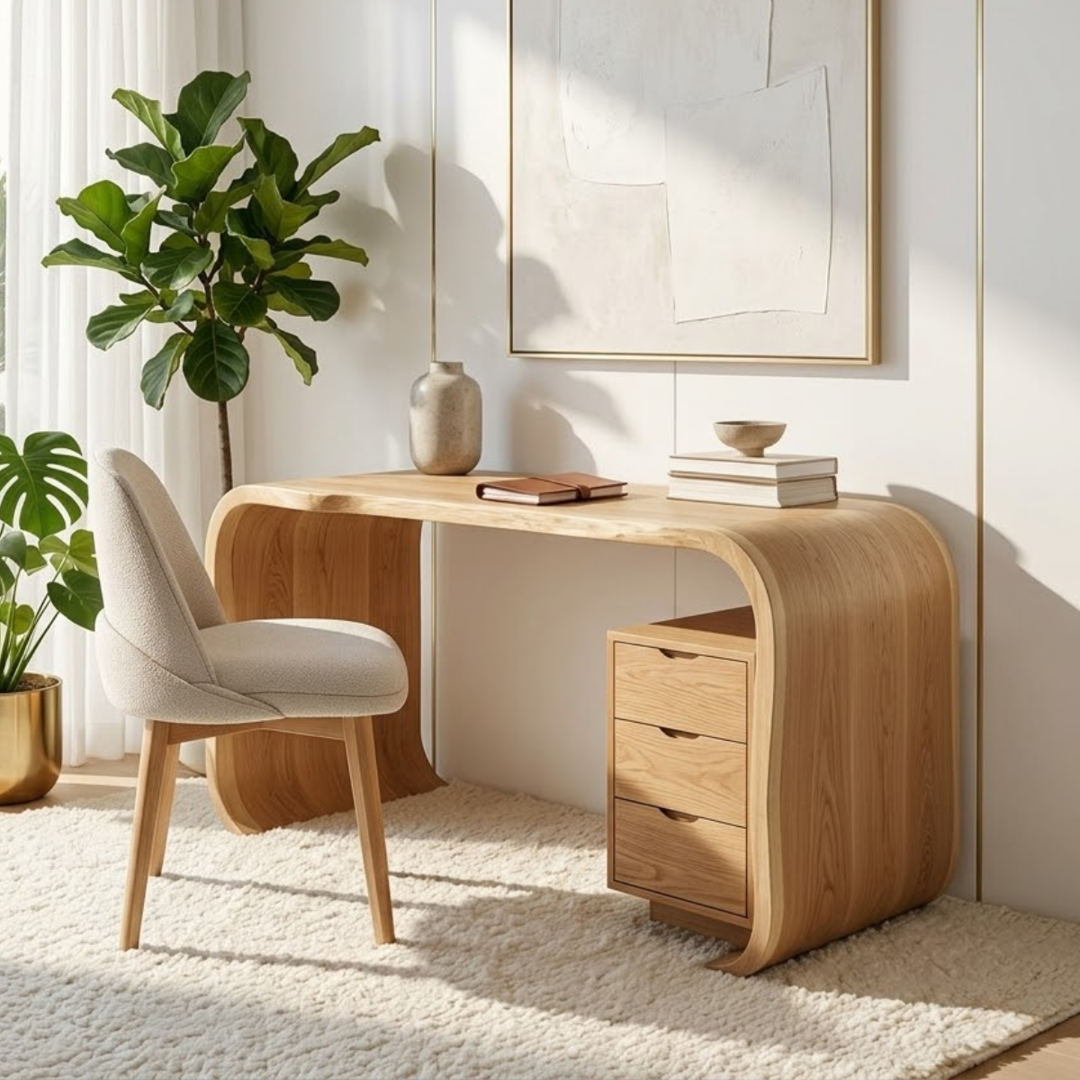 Curved Writing Desk with Drawer Storage Modern Home Office Table Minimal Workstation