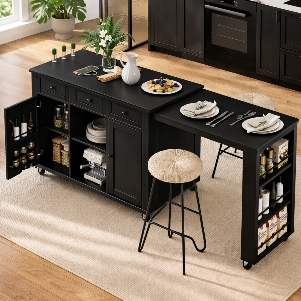 Rolling Kitchen Island with Extendable Dining Table Storage Cabinet and Spice Rack Organizer