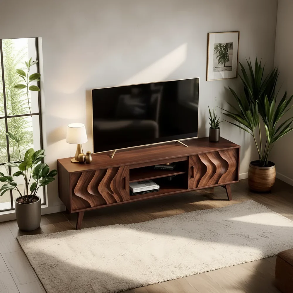 Solid Wood TV Stand Modern Walnut Media Console with Wave Doors and Storage