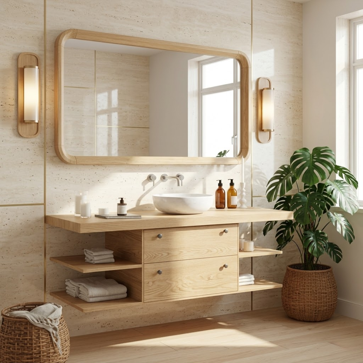 Floating Bathroom Vanity with Ash Wood Finish, Modern and Minimalist Design
