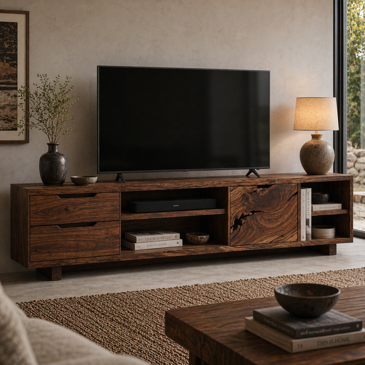 Solid Wood Media Console with Live Edge Door, Modern Rustic TV Stand with Storage