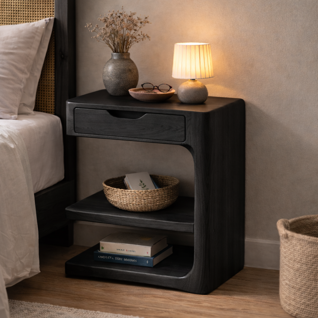 Solid Wood Nightstand with Drawer and Open Shelf – Modern Curved Bedside Table