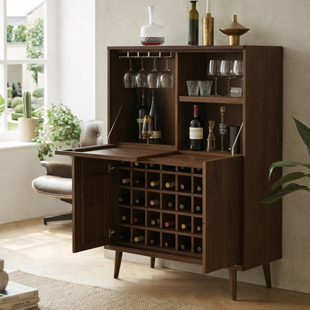 Modern Wine Bar Cabinet with Fold Down Shelves and Large Bottle Storage