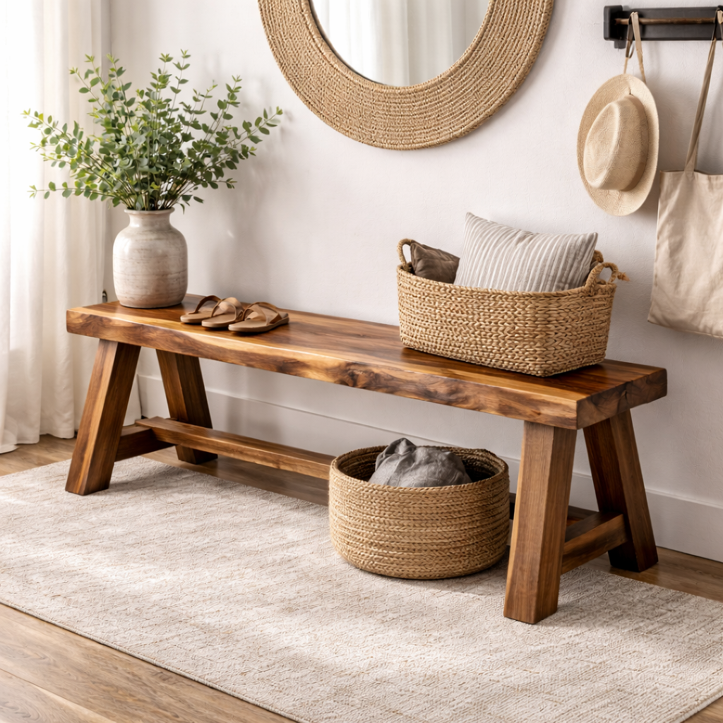 Rustic Solid Wood Entryway Bench with Storage | Modern Hallway Seating
