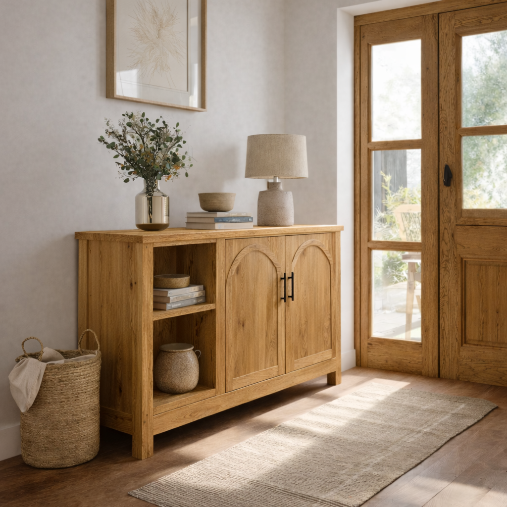 Solid Wood Console Table with Doors and Shelves – Rustic Entryway Storage Cabinet