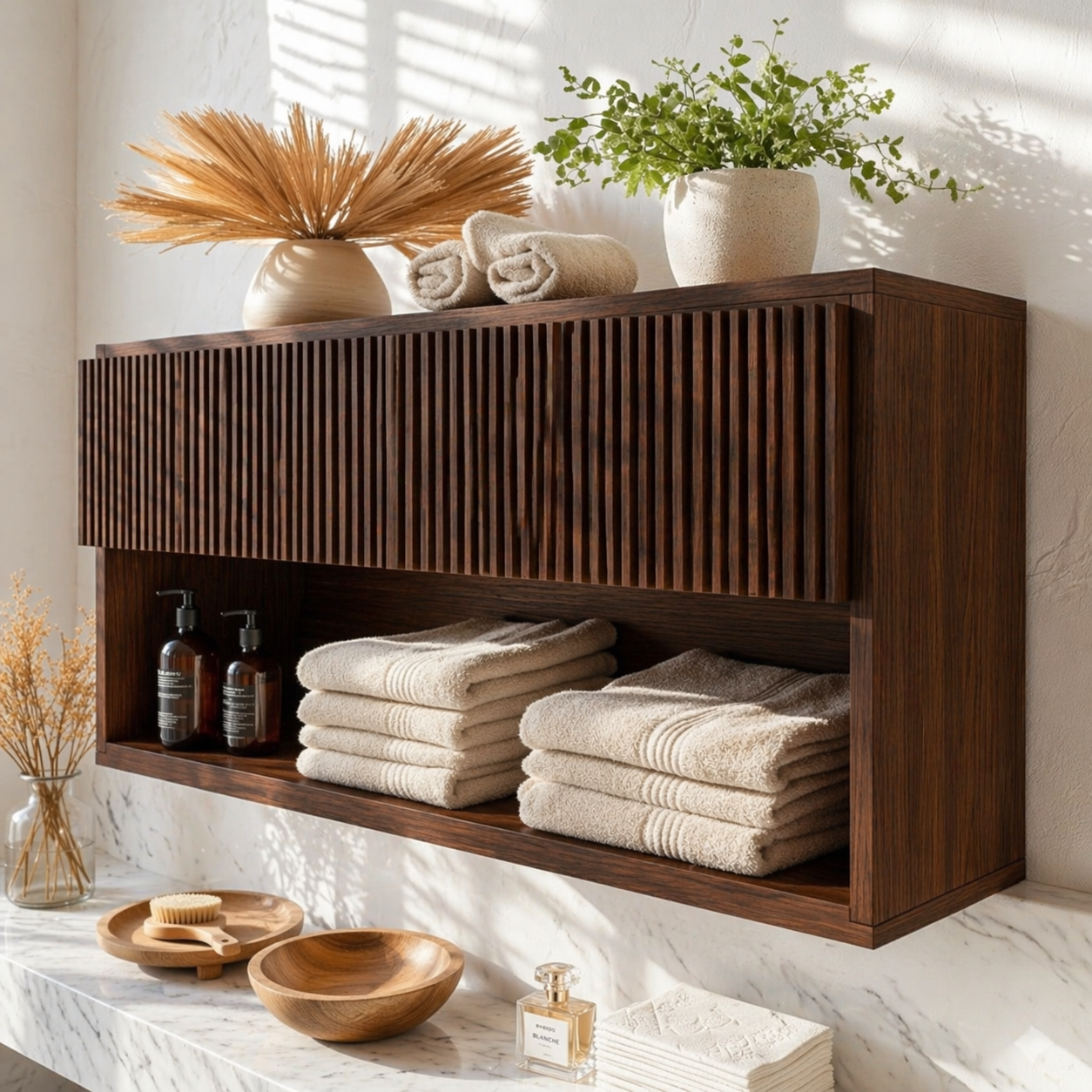 Floating Bathroom Cabinet, Modern Slatted Wall Mounted Vanity Storage Shelf Organizer